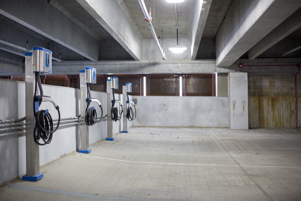 car recharging stations in garage at 747 Apartments, Indianapolis, 46202