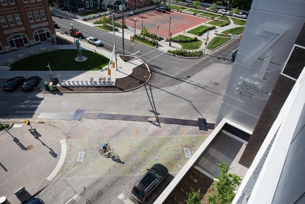 view of balconies and street at 747 Apartments, Indianapolis, IN