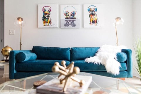 a living room with a blue couch and pictures of dogs on the wall
