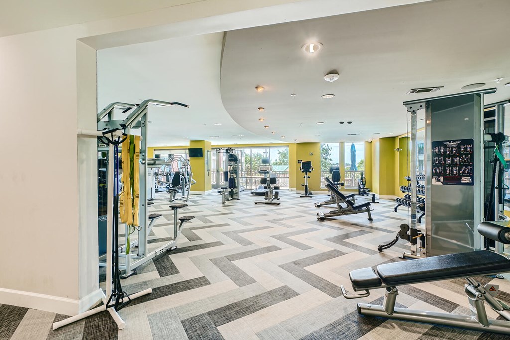 a gym with weights and cardio equipment in a large room at Imperial Lofts, Sugar Land, TX, 77498