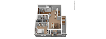 A 3D rendered image of a house layout.