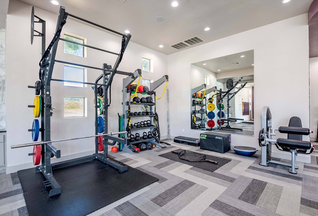 a fitness center with weights and equipment on the wall at Discovery at Craig Ranch, McKinney, TX