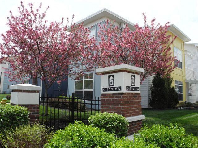 flowering trees behind pillar at CityView, Missouri, 64116