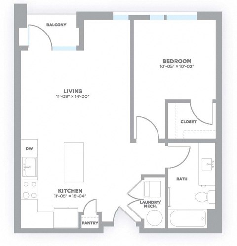 A1 - 1 Bedroom 1 Bath 687 Sq. Ft. Floor Plan at 747 Apartments, Indiana