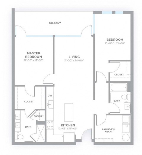 B1 - 2 Bedroom 2 Bath 1,112 Sq. Ft. Floor Plan at 747 Apartments, Indianapolis, IN, 46202