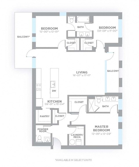 C1 - 3 Bedroom 2.5 Bath 1,603 Sq. Ft. Floor Plan at 747 Apartments, Indianapolis, IN