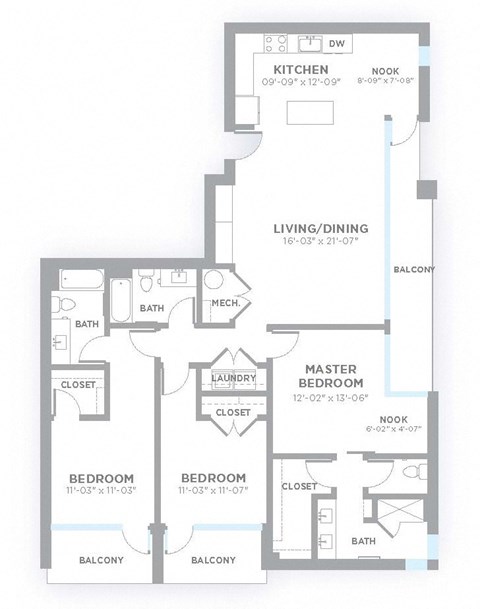 C2 - 3 Bedroom 3 Bath 1,689 Sq. Ft. Floor Plan at 747 Apartments, Indianapolis, 46202