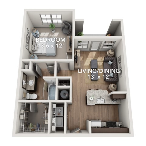 A 3D floor plan of a small apartment with a bedroom and living/dining area.