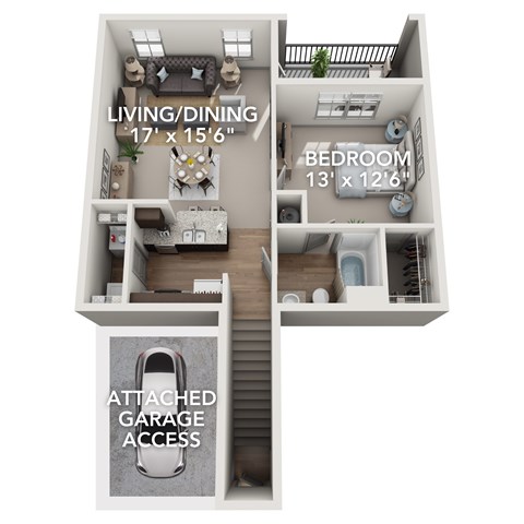 A diagram of a two-bedroom apartment with a living/dining area and an attached garage.