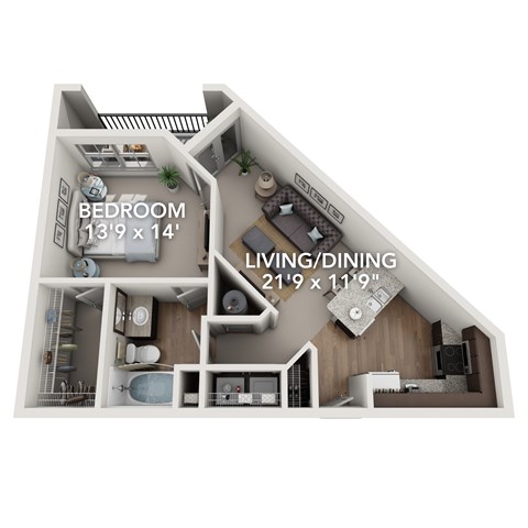 A 3D floor plan of a home showing a bedroom and living/dining area.