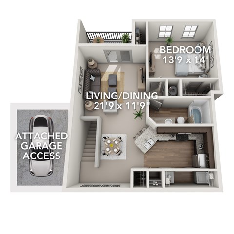 A diagram of a house layout with a bedroom, living/dining area, and attached garage.