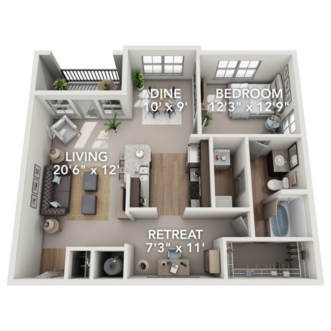 A diagram of a house layout with a living room, dining room, bedroom, and retreat.