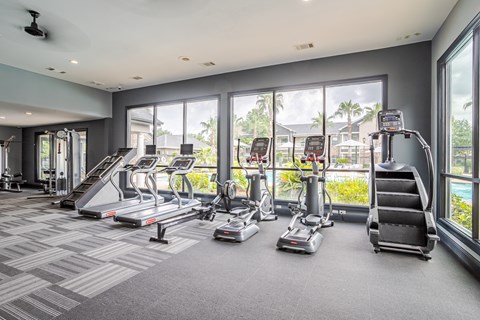 A gym with treadmills, elliptical machines, and a stair climber at Avenues at Shadow Creek Ranch Apartments, Pearland, TX, 77584