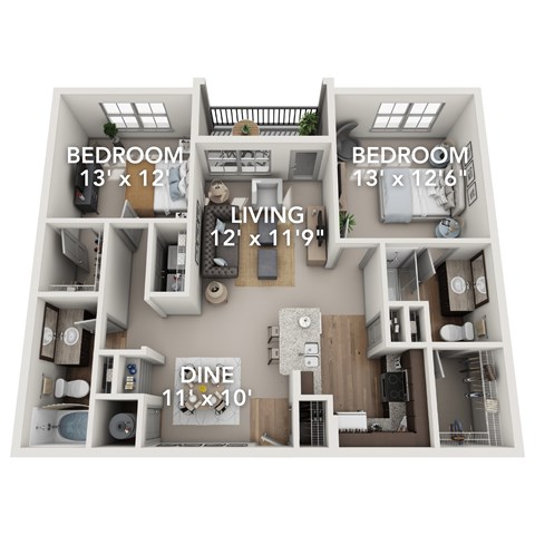 A diagram of a two-bedroom, one-bathroom apartment with a living room and dining room.