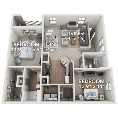 A 19' x 15' living space with two bedrooms and a dining area.