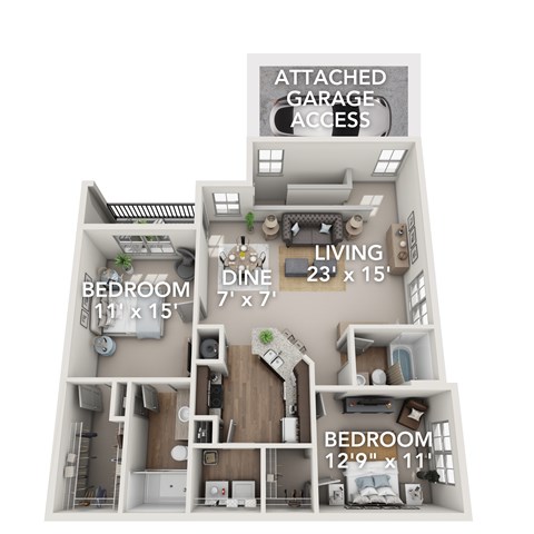 A diagram of a house layout with a living room, two bedrooms, a dining area, and an attached garage.