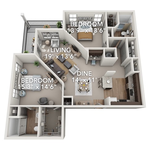A 3D floor plan of a house with three bedrooms, a living room, a dining room, and a kitchen.