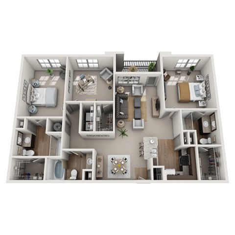 A 3D floor plan of a house with various rooms and furniture.