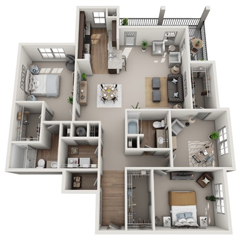 A 3D floor plan of a house with multiple rooms and furniture.