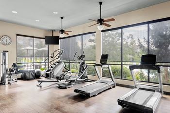 A gym with treadmills, elliptical machines, and a fan.