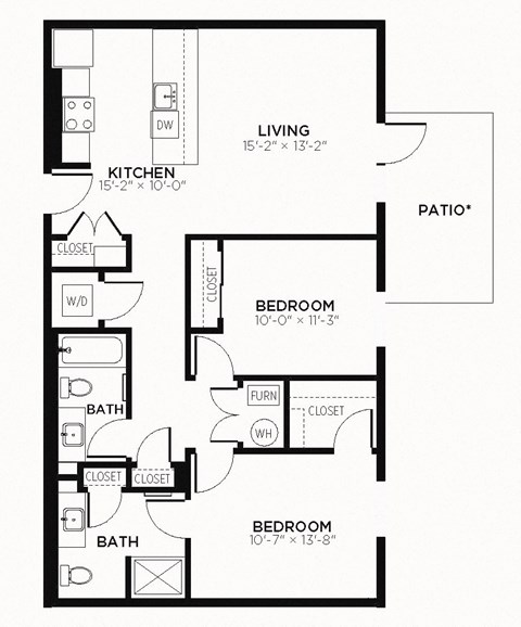 B1 - 2 Bedroom 2 Bath 1060 Sq. Ft. Floor Plan at The MK, Indianapolis