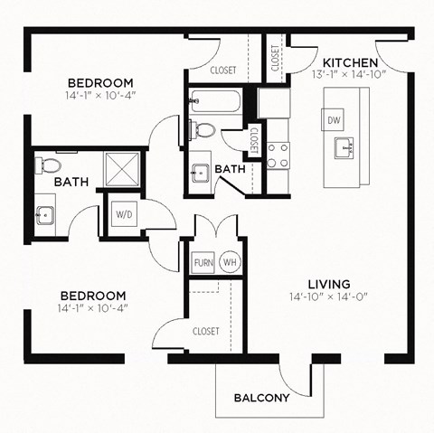 B2 - 2 Bedroom 2 Bath 1102 Sq. Ft. Floor Plan at The MK, Indiana
