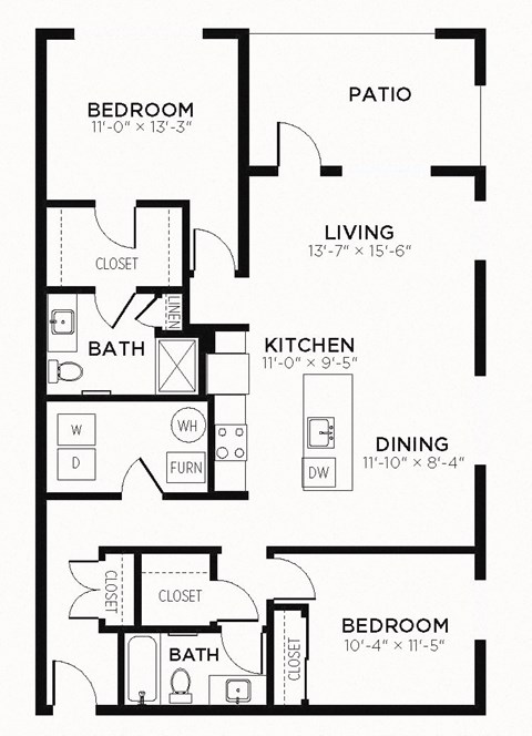 B3 - 2 Bedroom 2 Bath 1254 Sq. Ft. Floor Plan at The MK, Indiana, 46220