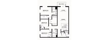 C2 - 3 Bedroom 2 Bath 1388 Sq. Ft. Floor Plan at The MK, Indianapolis, 46220