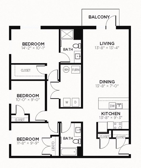 C2 - 3 Bedroom 2 Bath 1388 Sq. Ft. Floor Plan at The MK, Indianapolis, 46220
