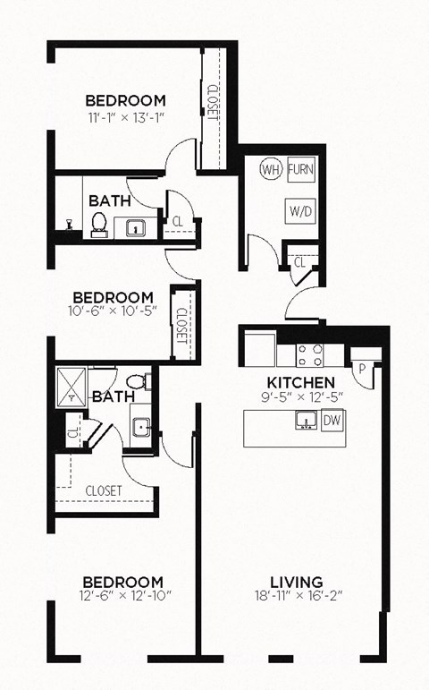 C3 - 3 Bedroom 2 Bath 1479 Sq. Ft. Floor Plan at The MK, Indianapolis