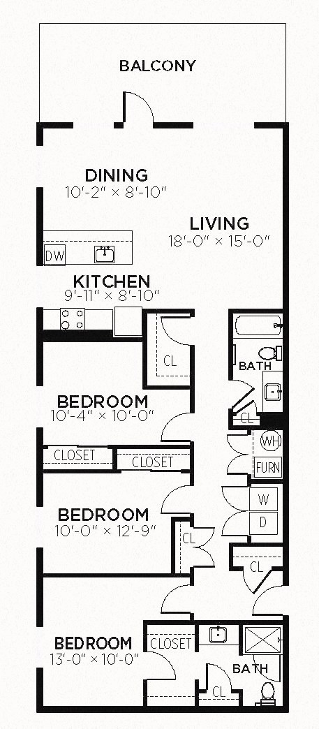 C4 - 3 Bedroom 2 Bath 1482 Sq. Ft. Floor Plan at The MK, Indiana