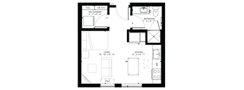 Studio floor plan with full kitchen and bathroom at Marquee Apartments, Minneapolis, Minnesota