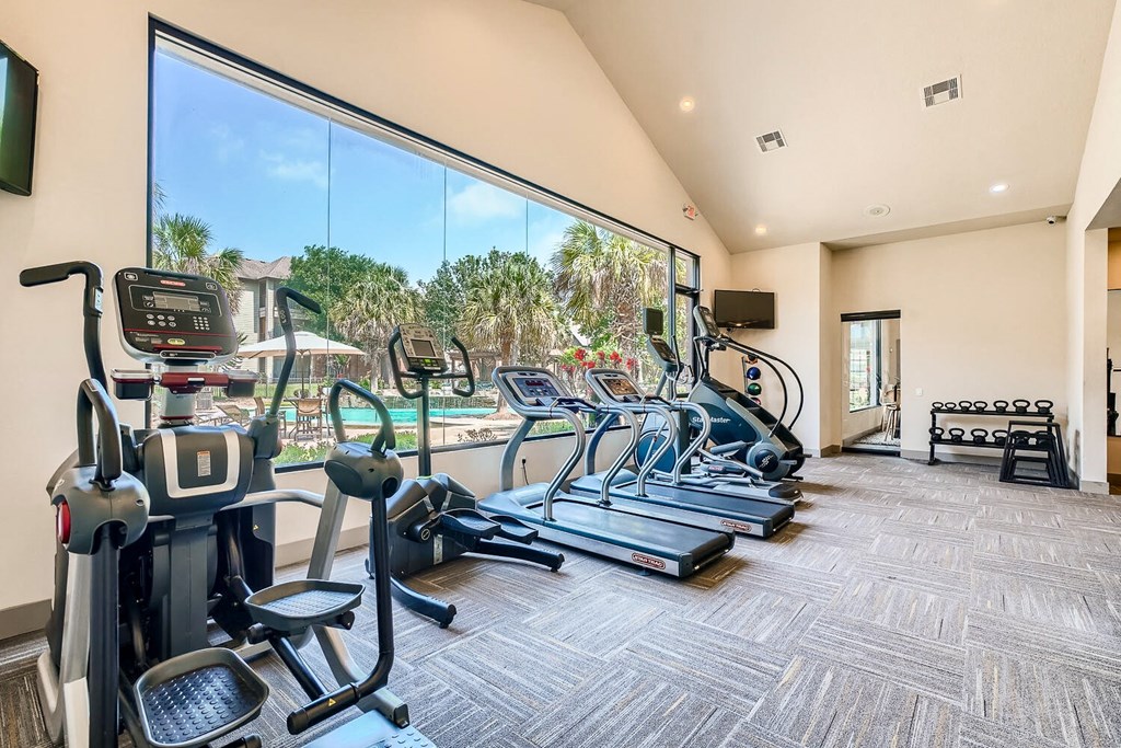 the gym at the preserve at polo towers has cardio equipment and a large window at River Pointe, Texas, 77304