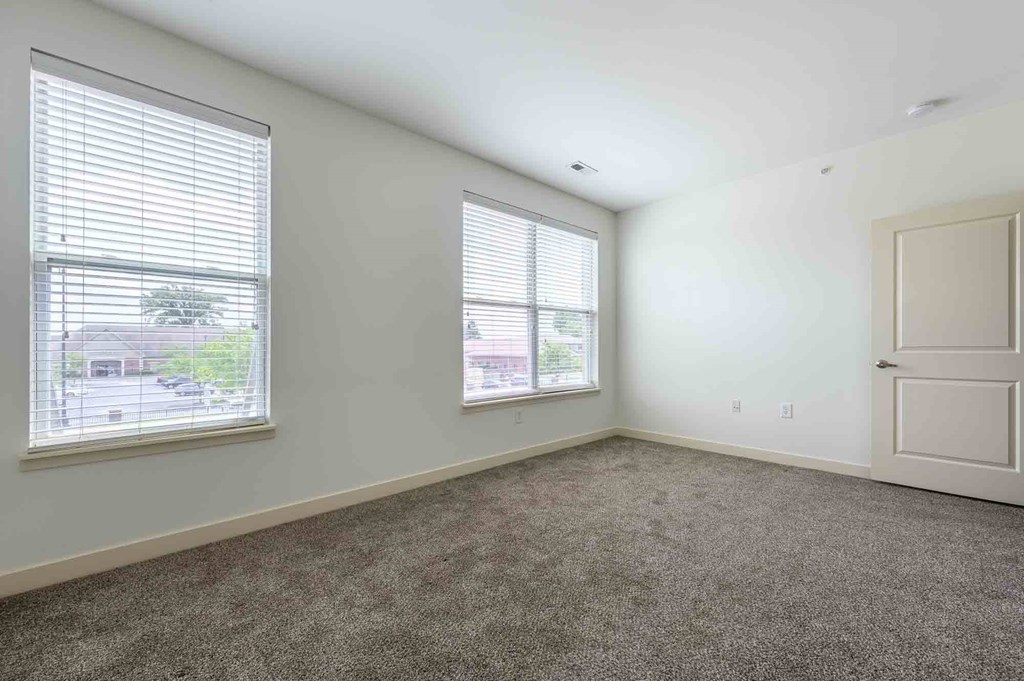 A room with a carpeted floor, two windows, and a door.