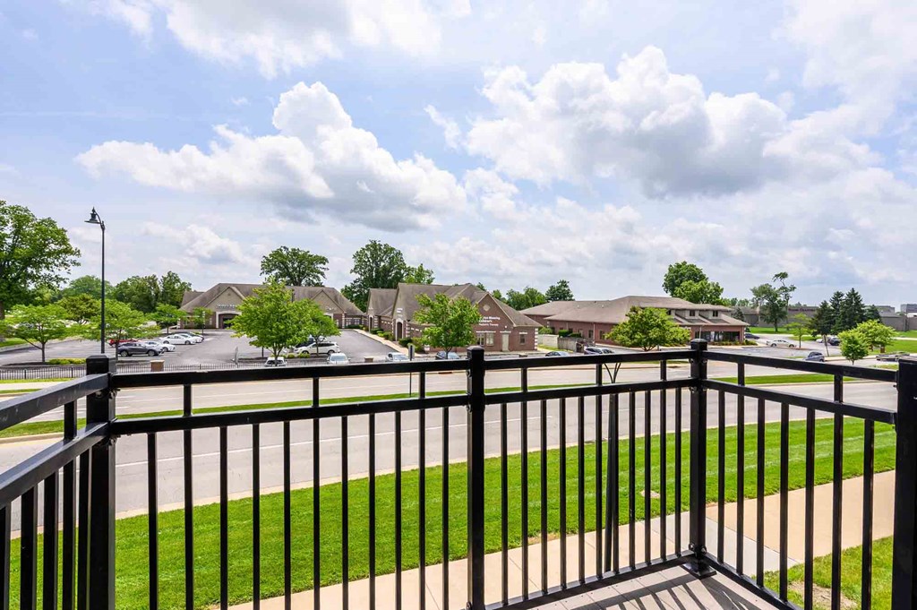 A black metal fence in front of a grassy area with houses in the background.