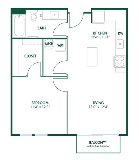 A1 - 1 Bedroom 1 Bath 664 Sq. Ft. Floor Plan at Pinnex, Indianapolis, Indiana