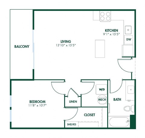 A2 - 1 Bedroom 1 Bath 703 Sq. Ft. Floor Plan A at Pinnex, Indianapolis, IN, 46203