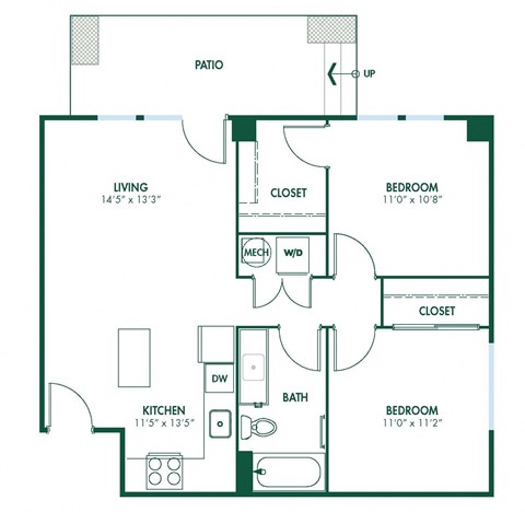 B1 - 2 Bedroom 1 Bath 823 Sq. Ft. Floor Plan at Pinnex, Indianapolis