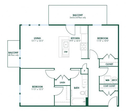 B2 - 2 Bedroom 1 Bath 940 Sq. Ft. Floor Plan A at Pinnex, Indiana