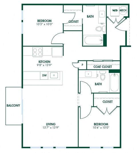 B3 - 2 Bedroom 2 Bath 942 Sq. Ft. Floor Planat Pinnex, Indianapolis, 46203