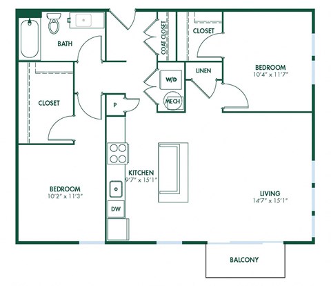 B4 - 2 Bedroom 1 Bath 985 Sq. Ft. Floor Plan at Pinnex, Indianapolis, Indiana
