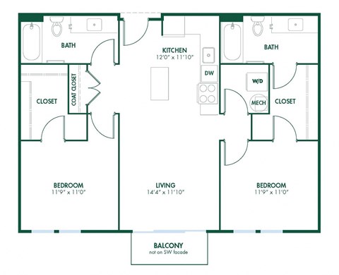 B5 - 2 Bedroom 2 Bath 989 Sq. Ft. Floor Plan at Pinnex, Indianapolis, IN, 46203