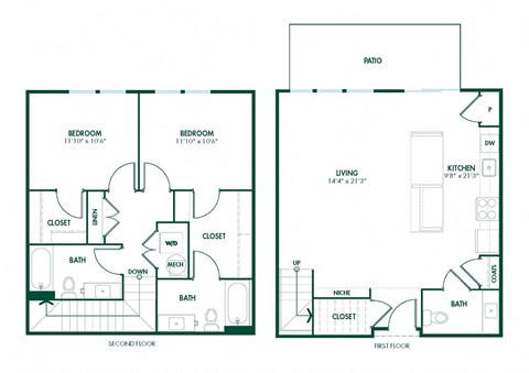 B7 - 2 Bedroom 2.5 Bath 1321 Sq. Ft. Floor Plan at Pinnex, Indiana
