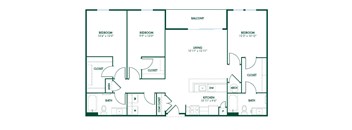 C2 - 3 Bedroom 2 Bath 1280 Sq. Ft. Floor Plan at Pinnex, Indianapolis, Indiana