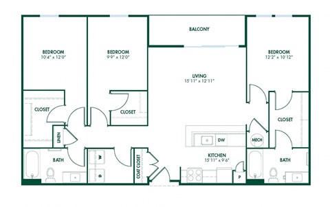 C2 - 3 Bedroom 2 Bath 1280 Sq. Ft. Floor Plan at Pinnex, Indianapolis, Indiana