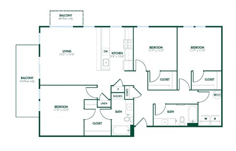 C4 - 3 Bedroom 2 Bath 1400 Sq. Ft. Floor Plan at Pinnex, Indianapolis