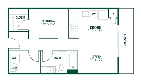 S1 -Studio 545 Sq. Ft. Floor Plan at Pinnex, Indianapolis, 46203