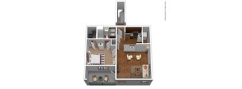 A floor plan of a house with a kitchen, living room, and two bedrooms.