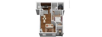 A 3D floor plan of a small apartment with a living room, kitchen, and bedroom.
