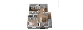 A 3D floor plan of a house with a kitchen, living room, and two bedrooms.